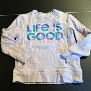 Life Is Good Sweatshirt Women’s Medium Lavender Crewneck Spellout Graphic Logo M